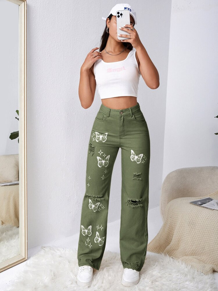 Ripped Detail Butterfly Jeans | SHEIN