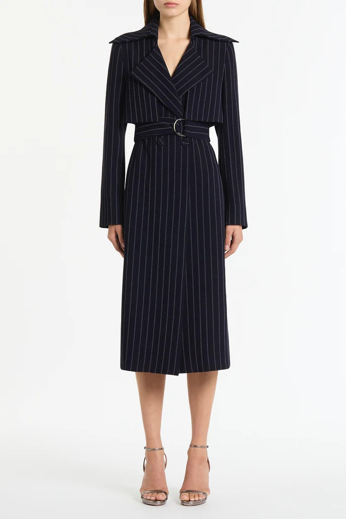 NAVY PINSTRIPE DOUBLE-BREASTED TRENCH COAT | Carla Zampatti
