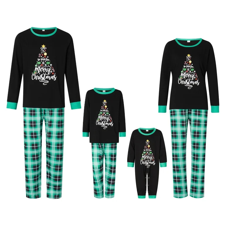 Qiylii Family Matching Christmas Pajamas Set, Letter  Leaf Print Long-Sleeved Round Neck Tops + P... | Walmart (US)