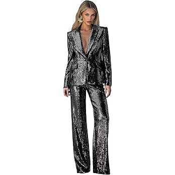 Sequin Suits for Women 2 Piece V Neck Womens Suit Glitter Sparkly 1 Button Womens Tuxedo Suit Set... | Amazon (US)