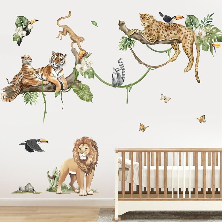 decalmile Jungle Animals Tree Branch Wall Stickers Safari Lion Leopard Tiger Wall Decals Baby Nur... | Amazon (UK)