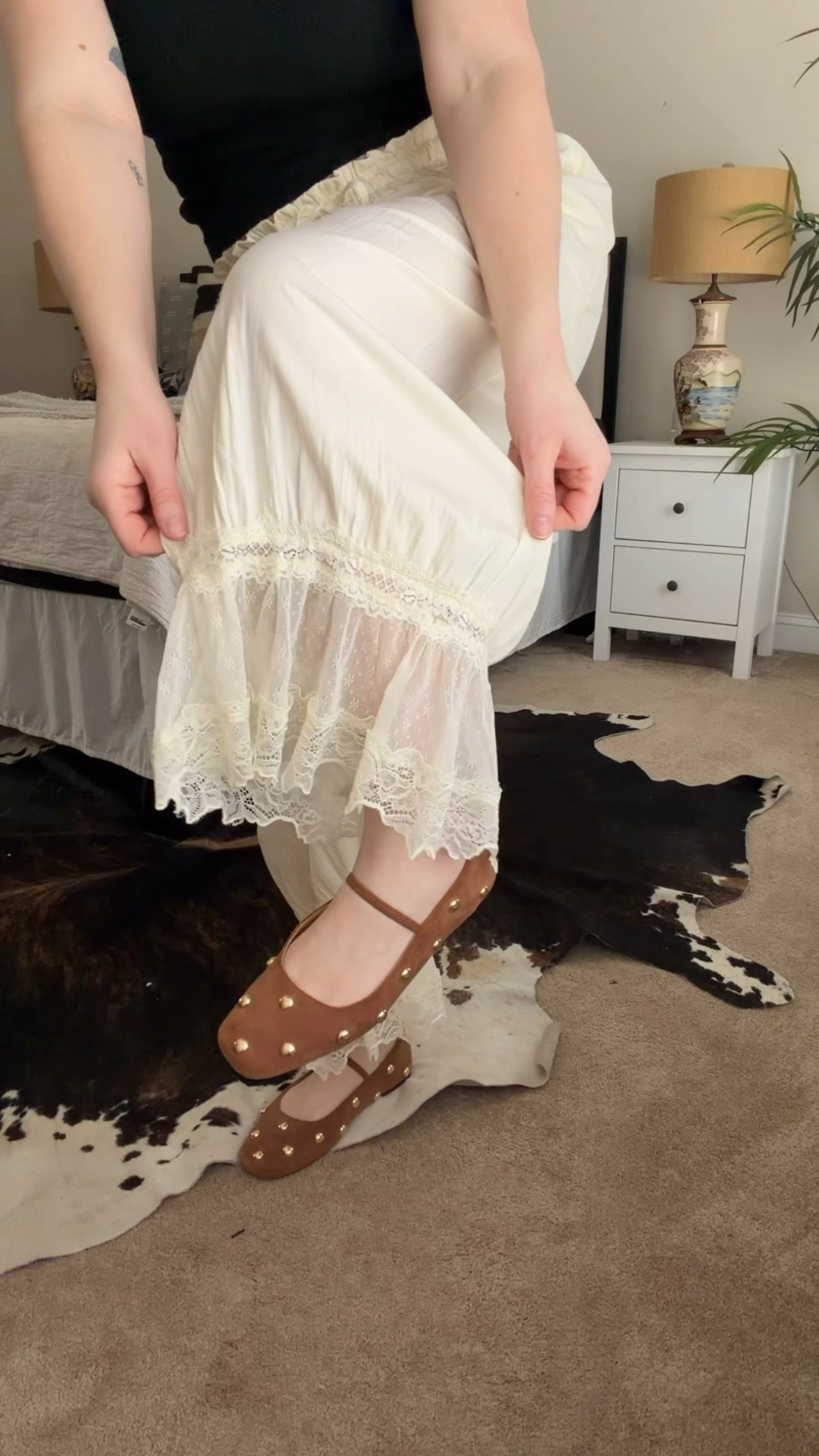 getting ready for spring with the cutest spring transition outfit 🌷 

I just got these lace pants in and I had to style them right away and what’s better than a sweater for spring? A sweater with fishies in them! So cute. And I’m so happy to wipe out these studded Mary Jane flats again. I got them towards the end of fall and wasn’t able to wear them too long

SIZING 5’3” 145 lbs - typically a medium
- pants: medium, super flowy and loose. The waistband is super stretchy. I recommend your TSS but if your small around the hips/waist, you could size down
- shoes: wearing my true size

#LTKFavFinds #gifted #LTKAmazon