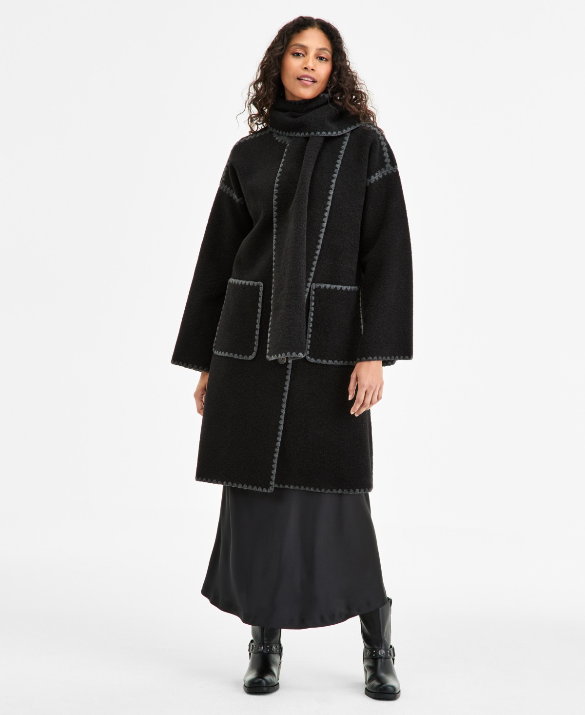 Bcbgmaxazria Petite Button-Front Scarf Coat - Black | Macy's