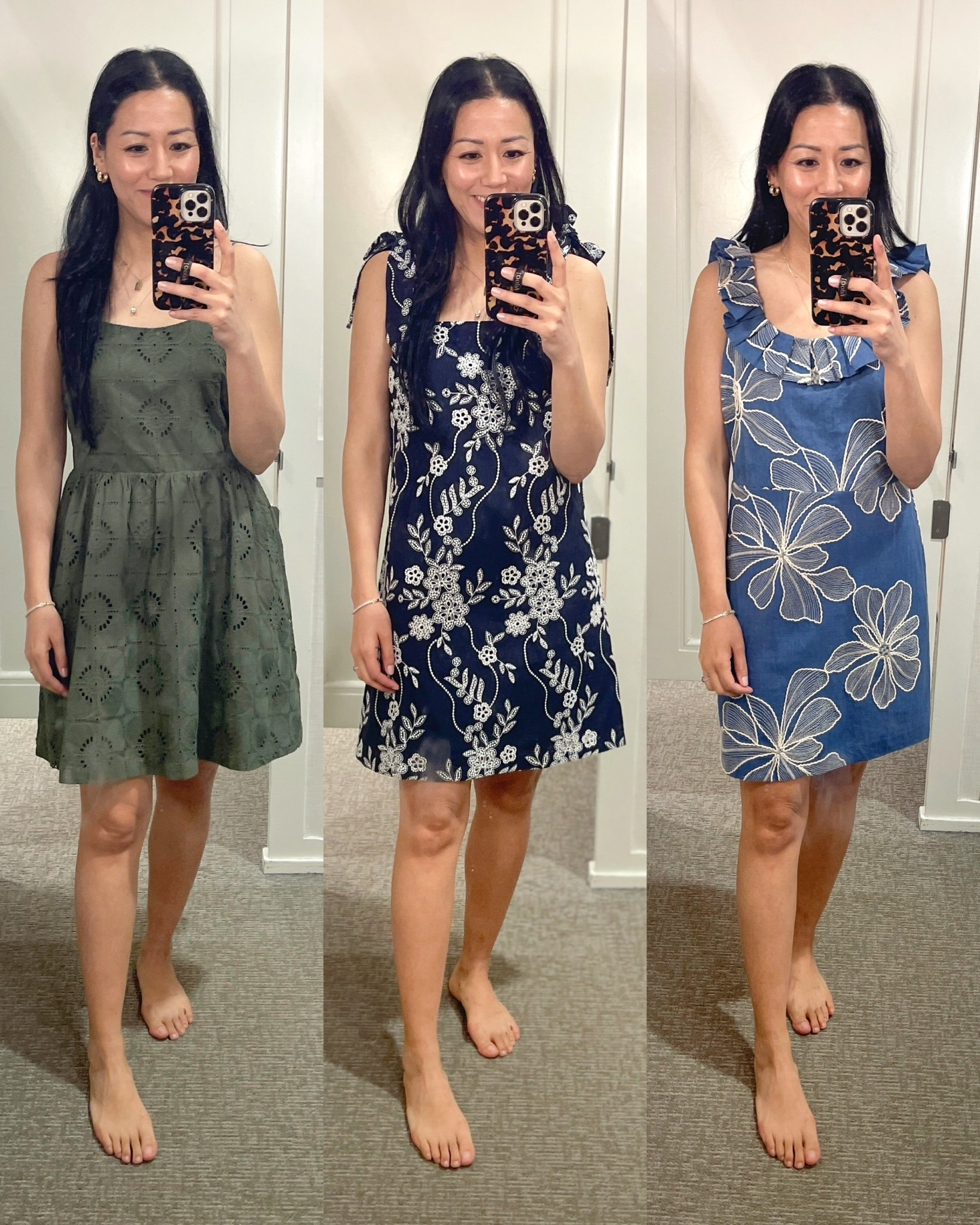 Size 2 in olive dress and size 0 in navy blue floral dress
Size 4 in blue floral dress but need size 2

Loft dresses
