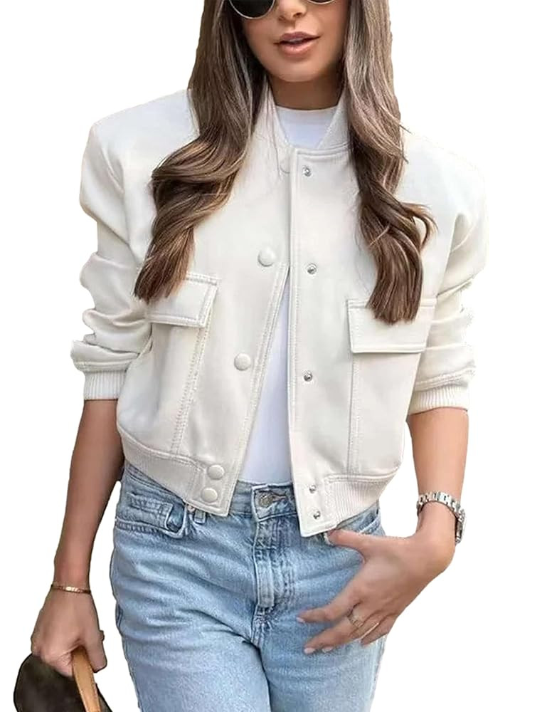 Womens Cropped Bomber Jacket Button Down Varsity Jackets Shackets with Pockets | Amazon (US)