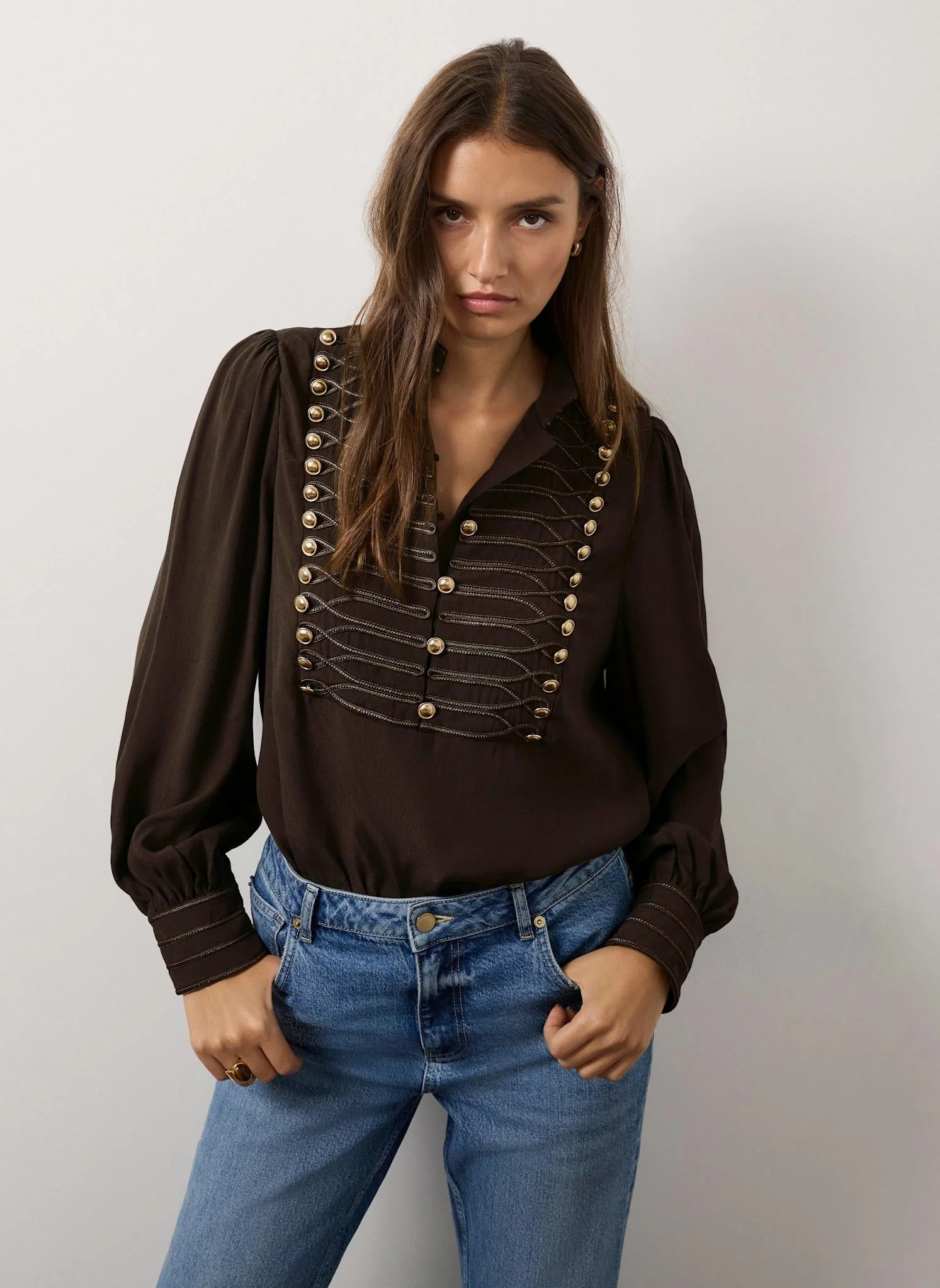 Brown Military Detail Blouse | Mint Velvet - ROW