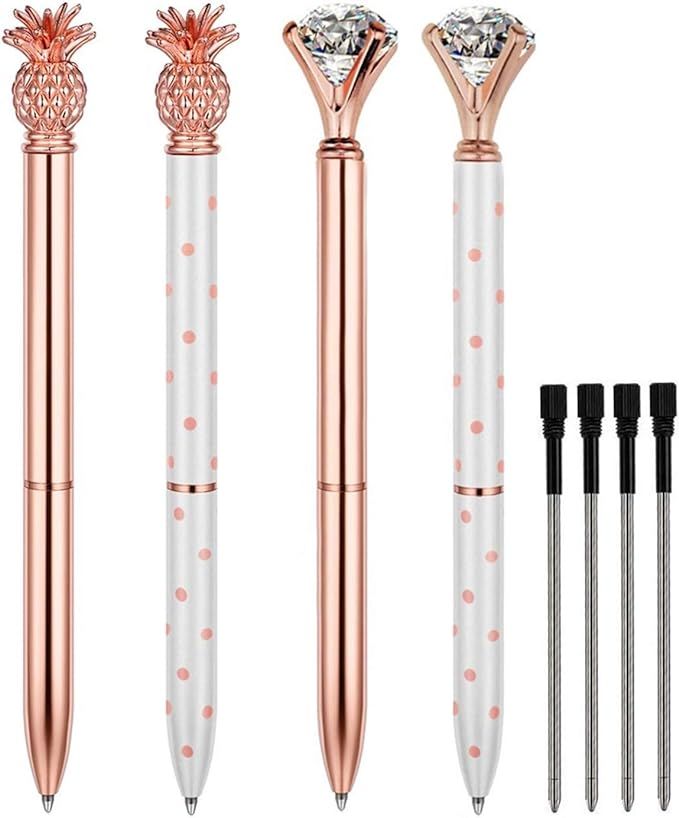 Mannli 4Pcs Big Diamond Pen and Pineapple Pen,Ballpoint Pens, Rose Gold Metal Pen,Black Ink | Amazon (US)