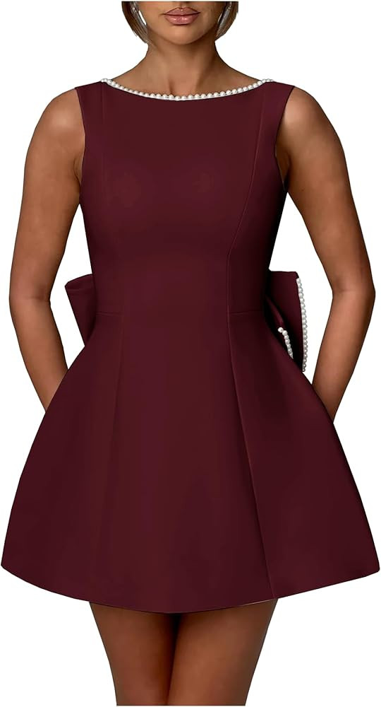 Sevintage Satin Pearl Homecoming Dress with Bow Short Modest Mini Cocktail Dresses for Wedding | Amazon (US)