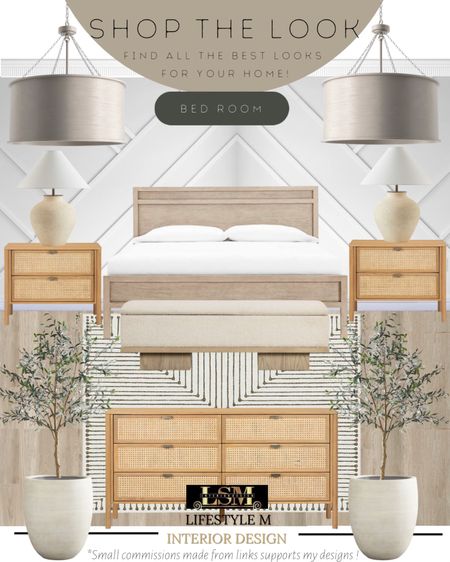 Modern farmhouse, transitional master bedroom idea. Wood wicker dresser, wood wicker night stand, wood bed frame, wood upholstered bench, beige table lamp, white terracotta tree planter pot, realistic faux fake tree, white stripped rug, champagne brass round chandelier. 

#LTKstyletip #LTKhome #LTKFind