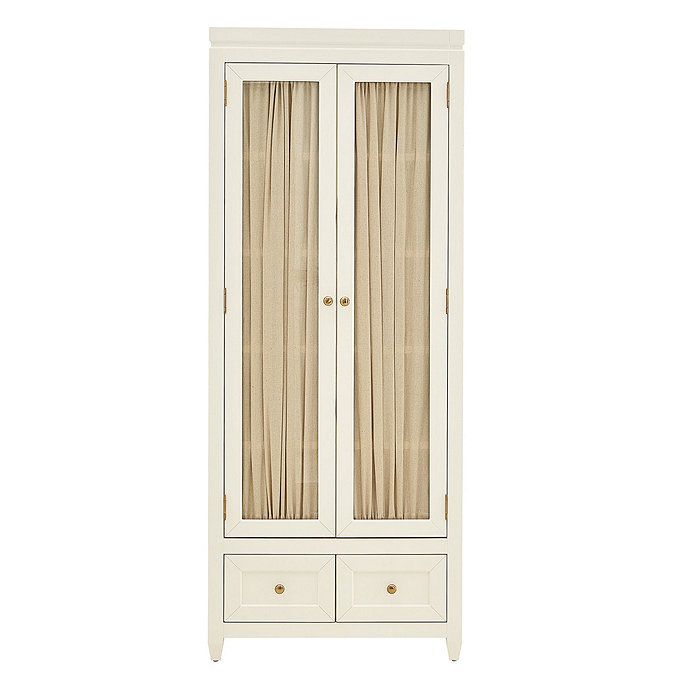 Nora Storage Cabinet Tall White with Glass Doors & Curtains | Ballard Designs, Inc.