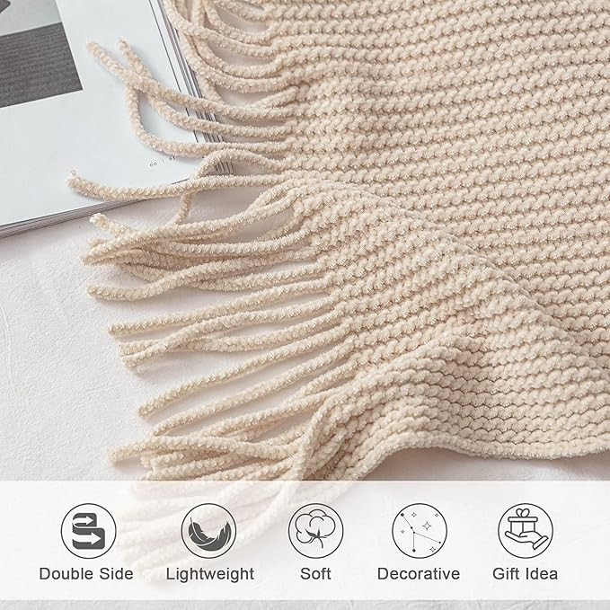 lifein Fall Throw Blanket for Couch-Soft Boho Bed Throw Blankets,Cozy White Chenille Knitted Thro... | Amazon (US)