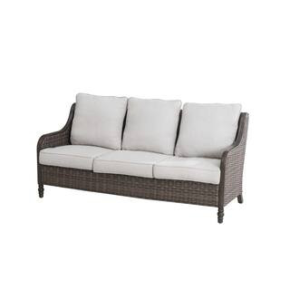 Hampton Bay Windsor Brown Wicker Outdoor Patio Sofa with CushionGuard Biscuit Tan Cushions A21100... | The Home Depot