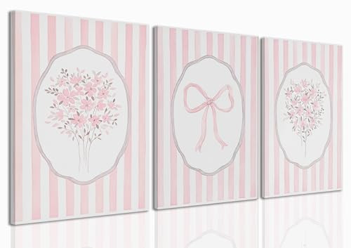 SongZest 3 Piece Pink Floral Canvas Framed Wall Art Pink Striped Flower Art Prints Coquette Bow Pictures Wall Decor Minimalist Botanical Aesthetic Paintings Artwork for Bedroom Bathroom Living Room 16x24in | Amazon (US)