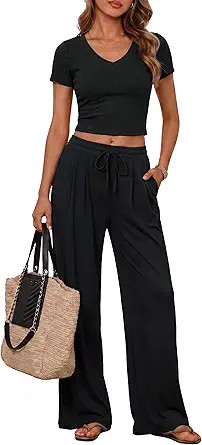PRETTYGARDEN 2 Piece Sets for Women Summer 2026 Spring Lounge Set Matching V Neck Tops Wide Leg P... | Amazon (US)