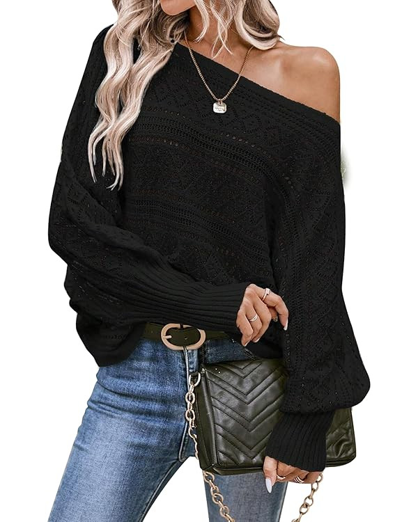Cakulo Womens Off Shoulder Sweater Top Fall Outfits Fashion 2025 Oversized Knit Batwing Long Slee... | Amazon (US)
