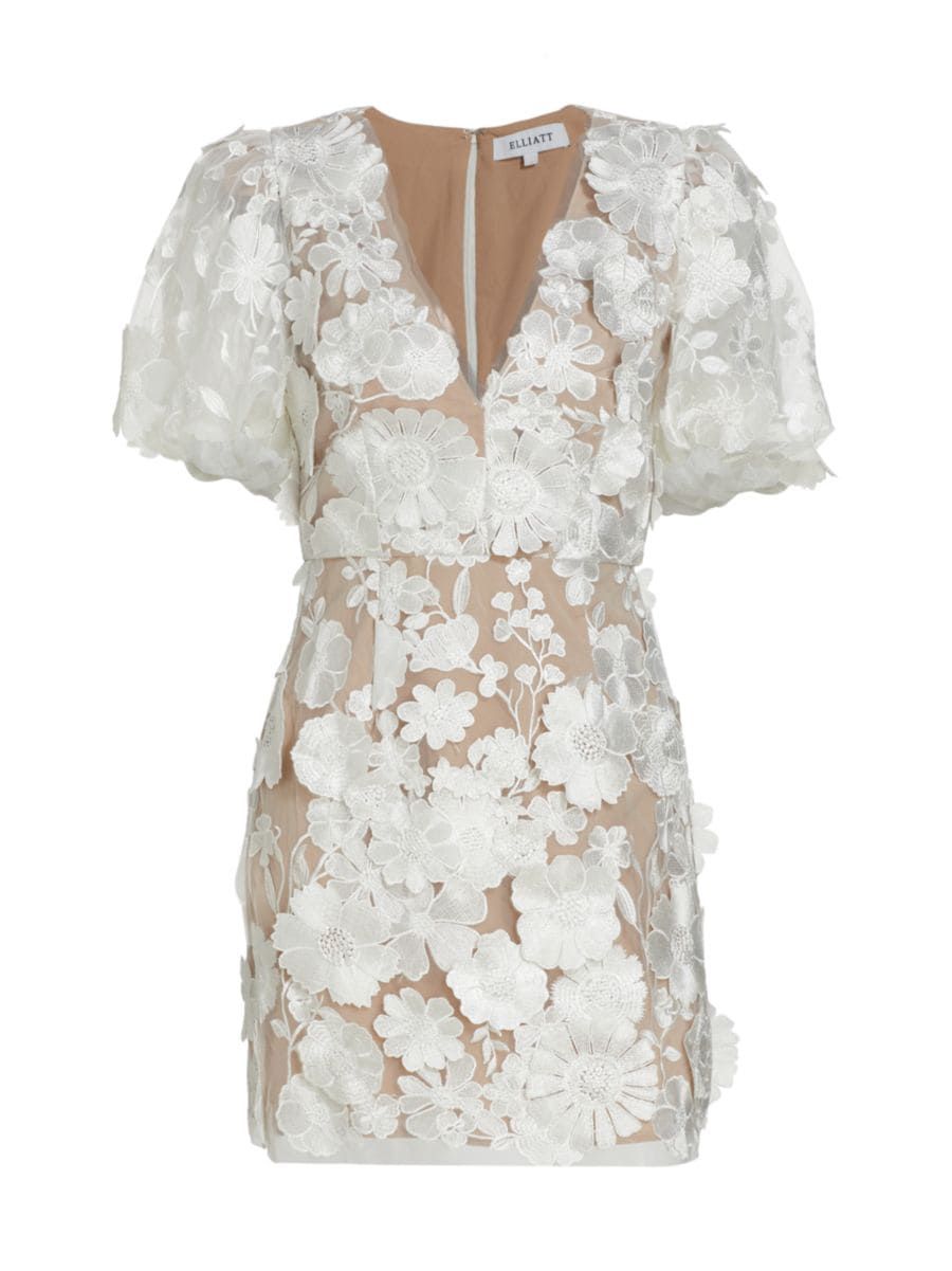 Zayla Floral Lace Puff-Sleeve Minidress | Saks Fifth Avenue