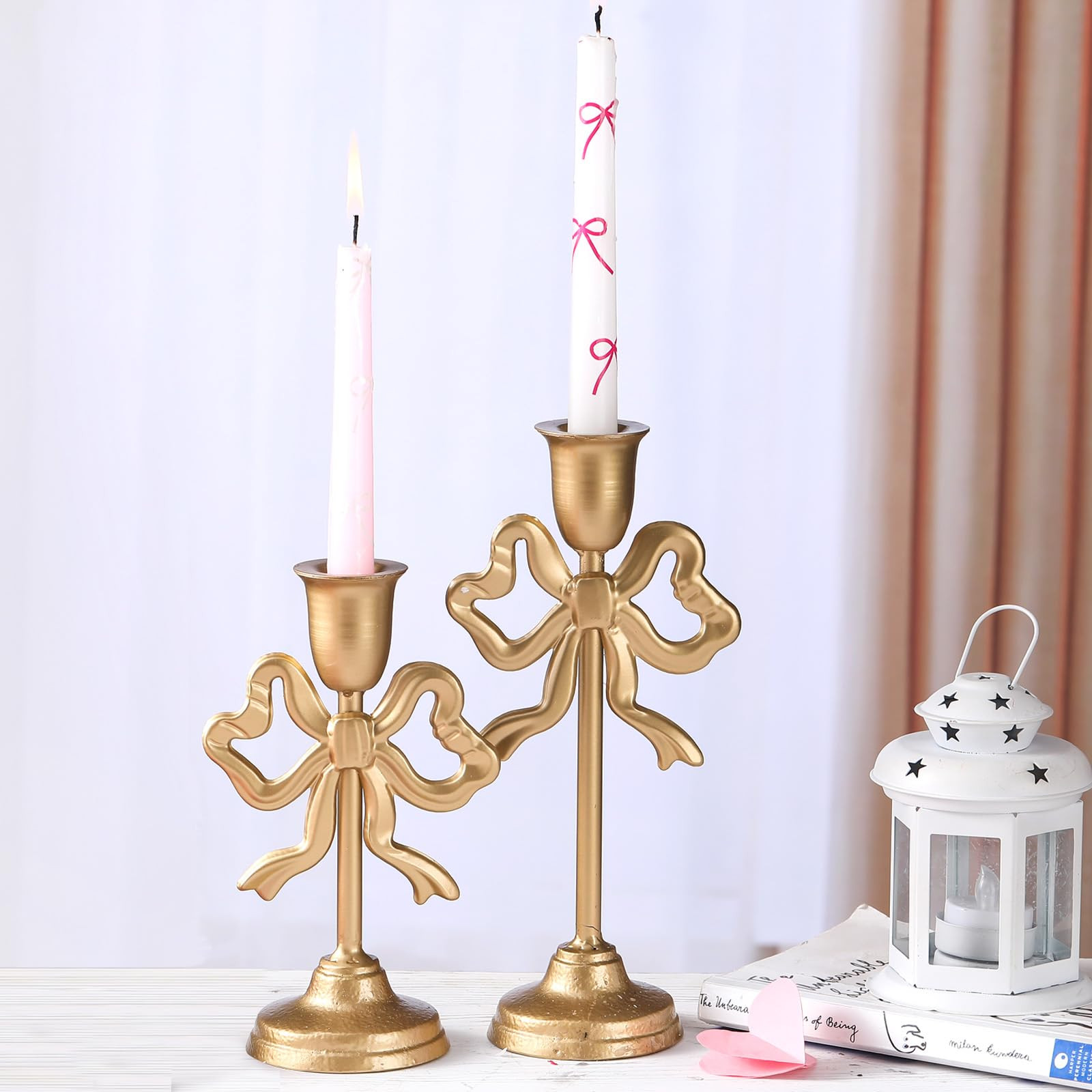 Mumufy 2 Pcs Gold Bow Taper Candle Holder Tall Candle Holder Pillar Candle Holders Decorative Can... | Amazon (US)