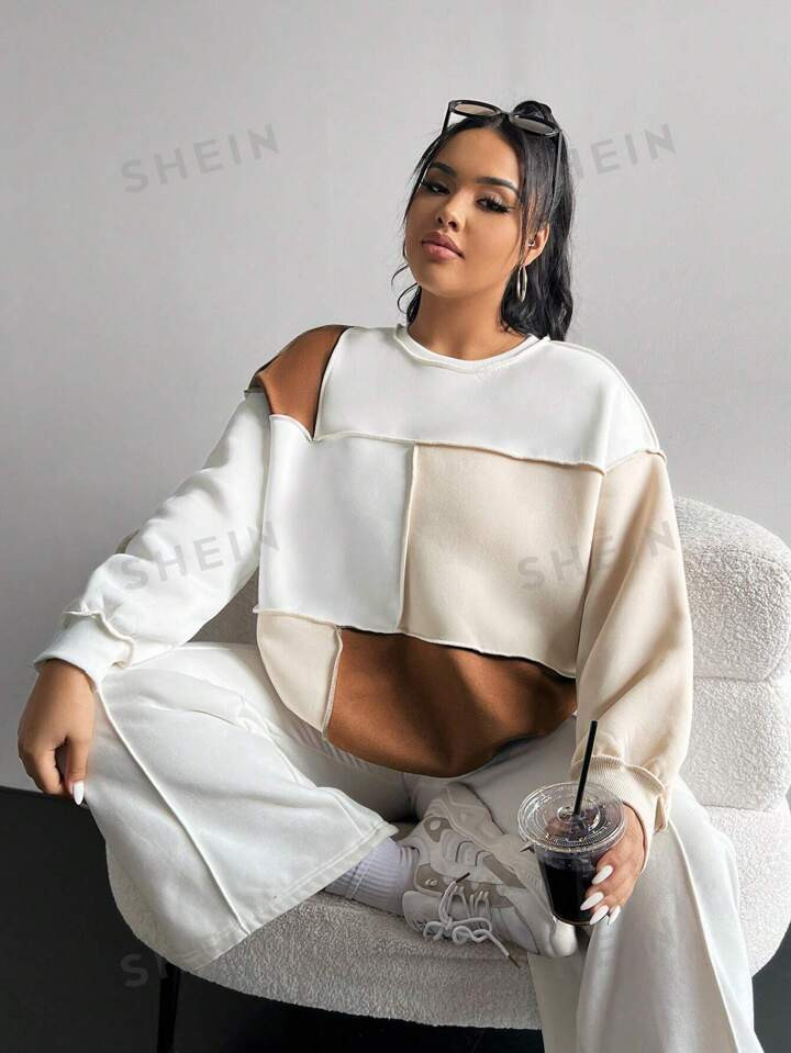 SHEIN EZwear Women's Plus Size Color Block Splice Sweatshirt | SHEIN