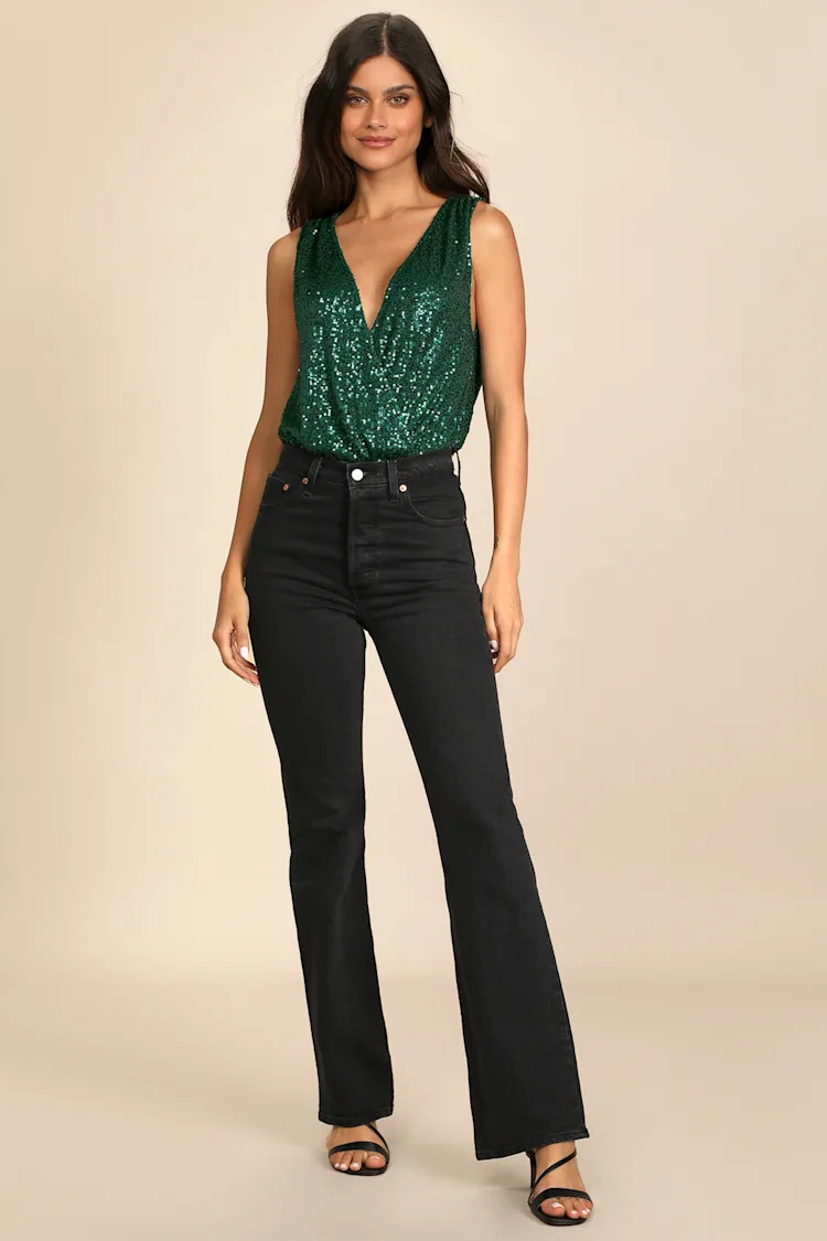 Evening of Wonder Emerald Green Sequin Cowl Back Bodysuit Emerald Green Bodysuit Outfit  | Lulus