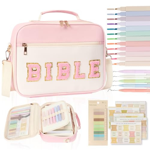 Bible Cover Case for Women Bible Study Supplies Large Preppy Chenille Pink Leather Bible Carrying Tote Bag Letter Bible Case Christmas Christian Gifts for Women Girls (Pink, Large) | Amazon (US)