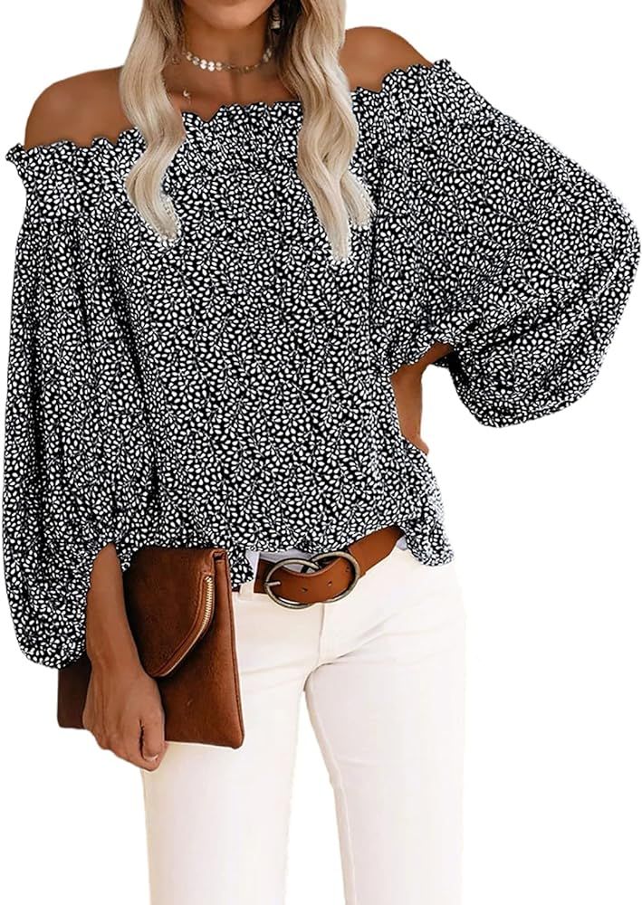 BLENCOT Women's Floral Blouse Off Shoulder Lantern Sleeves Chiffon Shirt Tops（S-2XL） | Amazon (US)