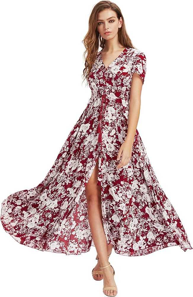 Women Floral Print Button Up Split Flowy Party Maxi Dress | Amazon (US)
