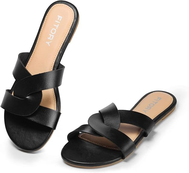 FITORY Women's Flat Sandals Fashion Slides With Soft Leather Slippers for Summer Size 6-11 | Amazon (US)