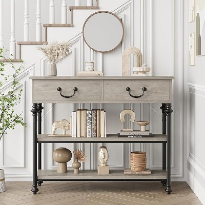 Narrow Console Table, Gray - 39.4" Length, 2 Drawers & 2 Shelves, Industrial Metal Frame, 150lb Capacity | Target