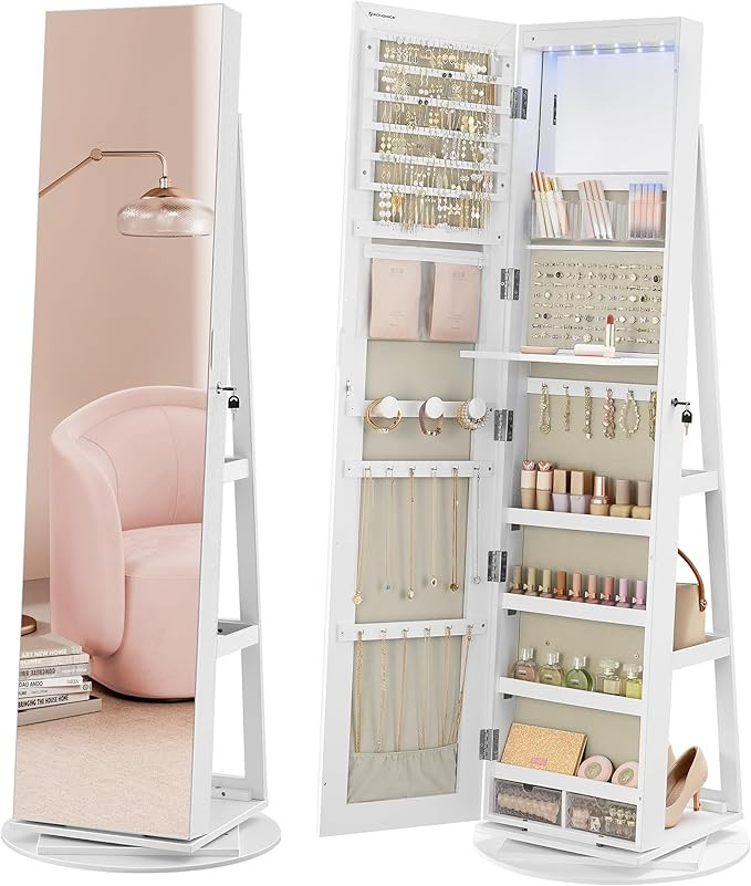 SONGMICS 6 LEDs Lockable Mirror Jewelry Cabinet, 360° Swivel Jewelry Organizer Armoire Standing,... | Amazon (US)