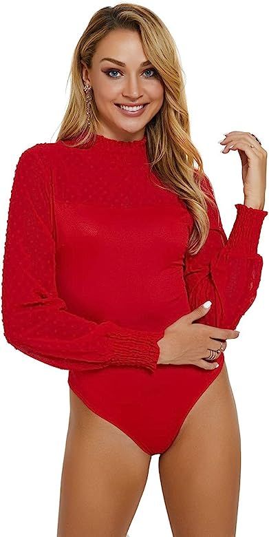 Womens Sheer Mesh Lace Long Sleeve Bodysuits Leotard Clubwear | Amazon (US)