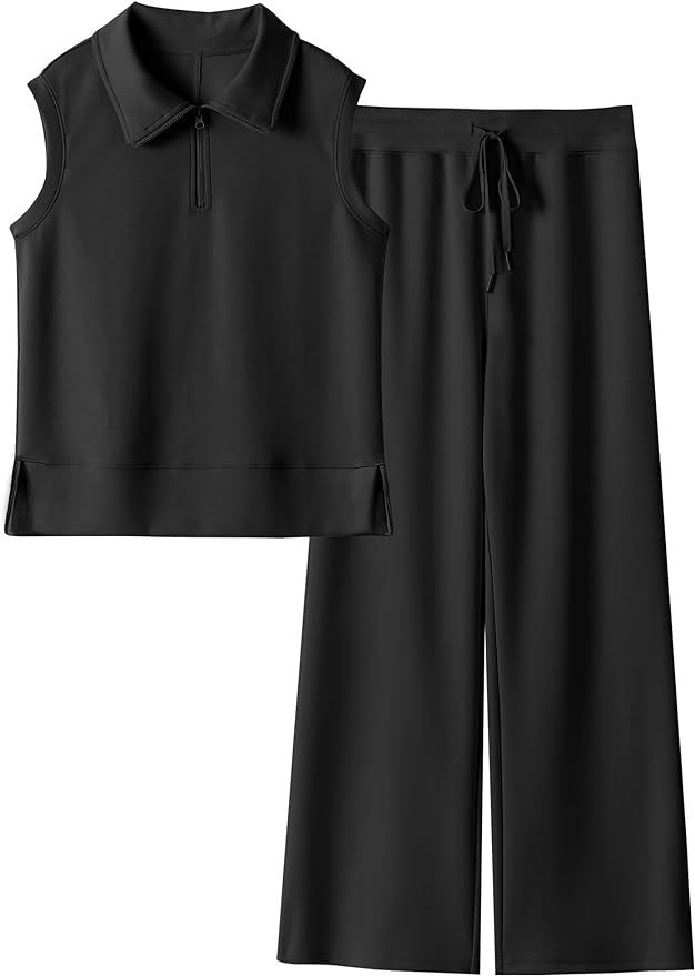 Caracilia Women's 2 Piece Lounge Sets Summer Casual Outfits Half Zip Lapel Sweatsuits Wide Leg Pa... | Amazon (US)