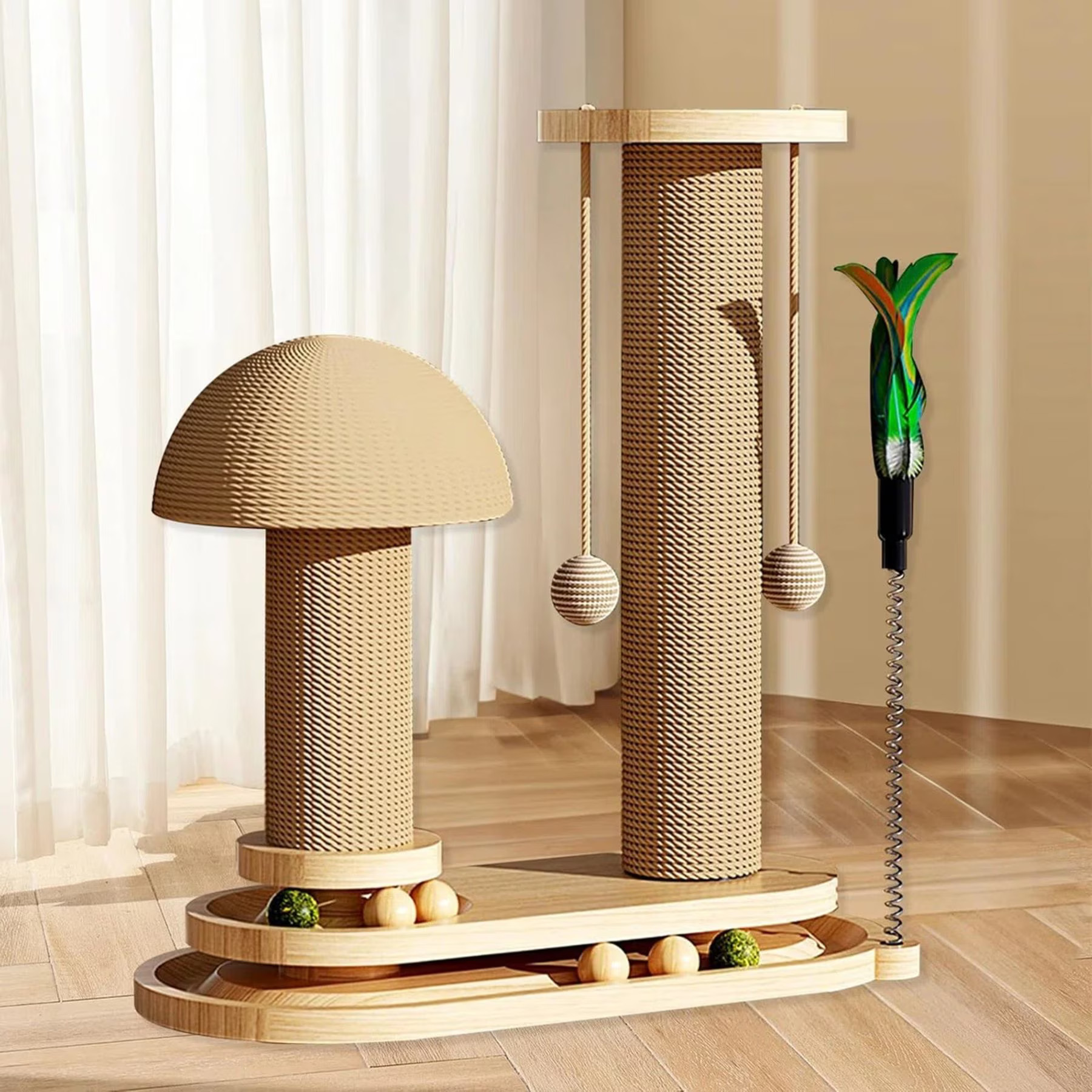NonoPets Mushroom Sisal 16.3-in Polyester Cat Scratching Post with Teaser Toys, Beige | Chewy