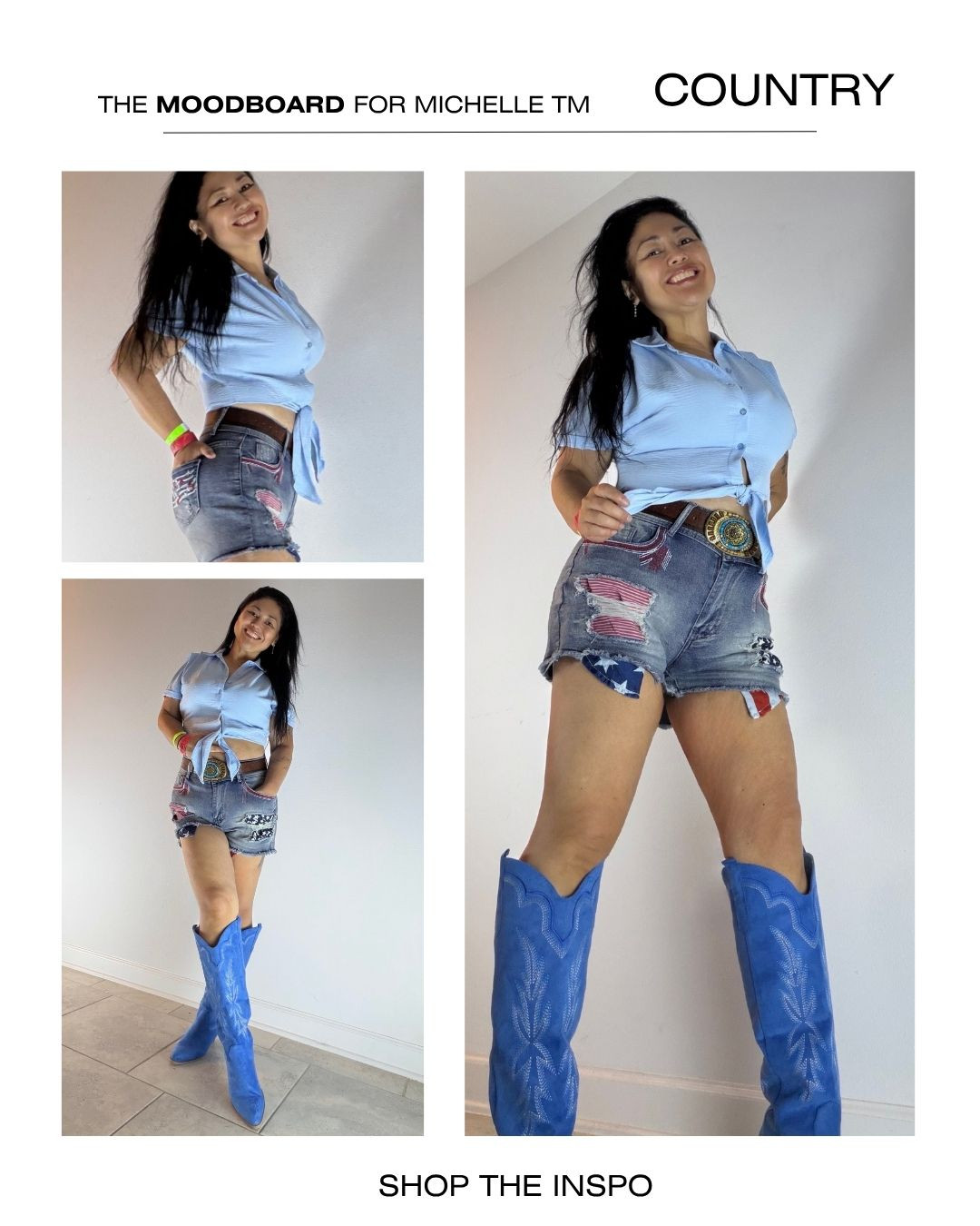 Blue cowboy boots, flag denim shorts, turquoise stone belt, and the perfect light blue top 🤠💙 serving all the western summer inspo you need ✨ Shop the look on my LTK! Follow me on IG: @michellemc8
#LTKStyle #WesternChic #CowgirlStyle 

 #LTKootd #LTKU #LTKMidsize