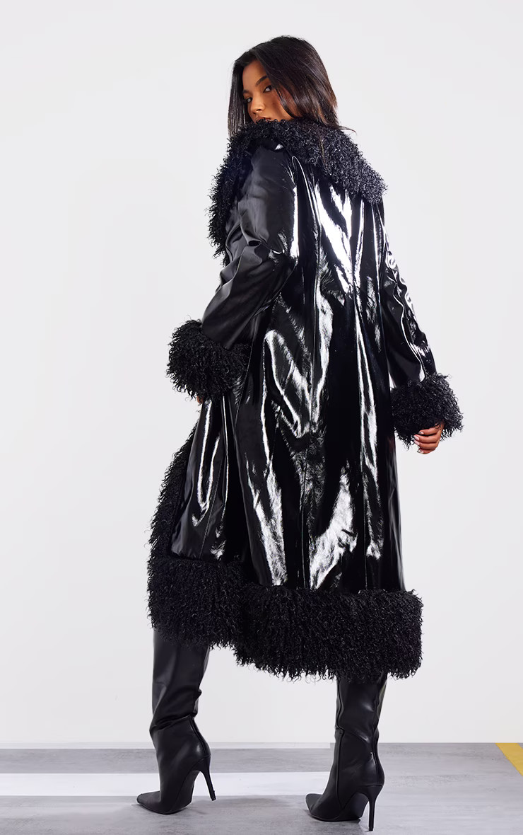Black Shaggy Faux Fur Vinyl Trench Coat | PrettyLittleThing US