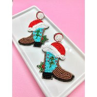 Beaded Santa Cowboy Boot Earrings Christmas Holiday Jewelry | Etsy (US)