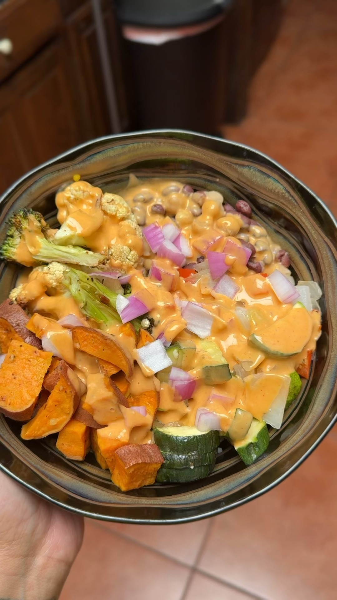 This has been my GO TO LUNCH!
On Sundays I will literally take the time to roast everything and prepare it for the week. This makes my week so much easier and helps me stay on track.

This week, I roasted sweet potatoes, zucchini, broccoli, cauliflower, chickpeas. Then I drained some black beans.  

I am experimenting with different dressings. I simply mixed, maple syrup, Sriracha, and a little bit of mayonnaise!  My favorite thing about these kind of bowl is experimenting with different flavors. So you could totally add lime or opt out of the maple syrup then put Tabasco or hot sauce. The sky is the limit!