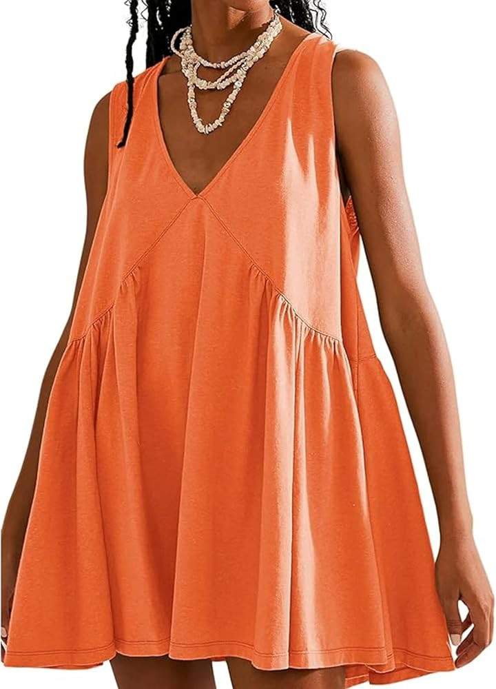 OPCAKM Women's V Neck Sleeveless Mini Dress Loose Summer Pleated Swing Flowy Sundress | Amazon (US)