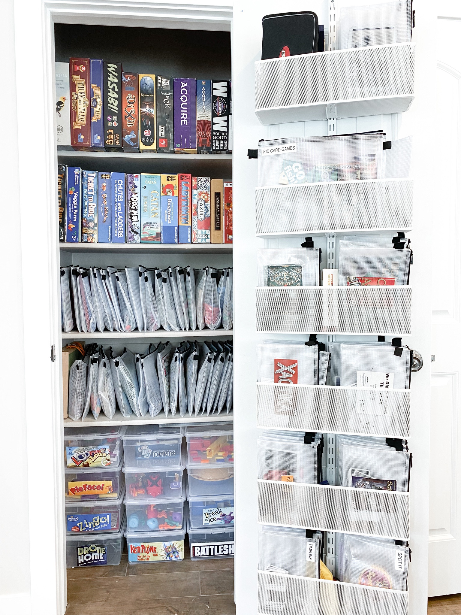 Here is a link for the way I love to store games. 

Really nice games - leave in the box. 

If it fits in a pouch, put it in a pouch. 

I use the accessory size for small games and puzzles. Letter size for larger ones. 

The Container Store pouches are more expensive because they are thicker and more sturdy. I put an option for cheaper ones on Amazon  

These shoe bins are perfect for games that don’t fit in a pouch or games where the boxes are breaking  