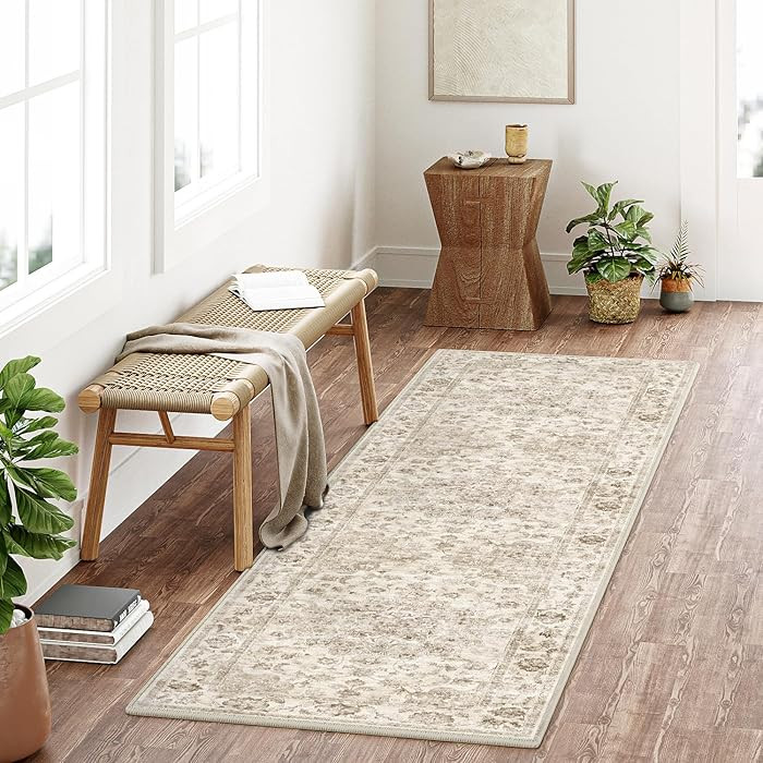3x8 Washable Neutral Runner Rug Beige Vintage Hallway Kitchen Carpet Non-Slip Soft Low Pile Flora... | Amazon (US)