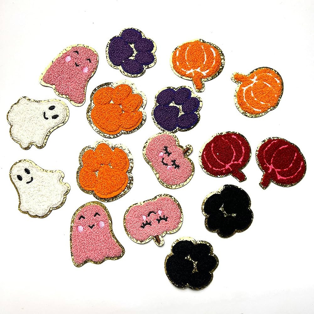Halloween Pumpkin Ghost Skull Appliques Glitter Gold Rim Chenille Iron on Patches Embroidery Patch T | Amazon (US)