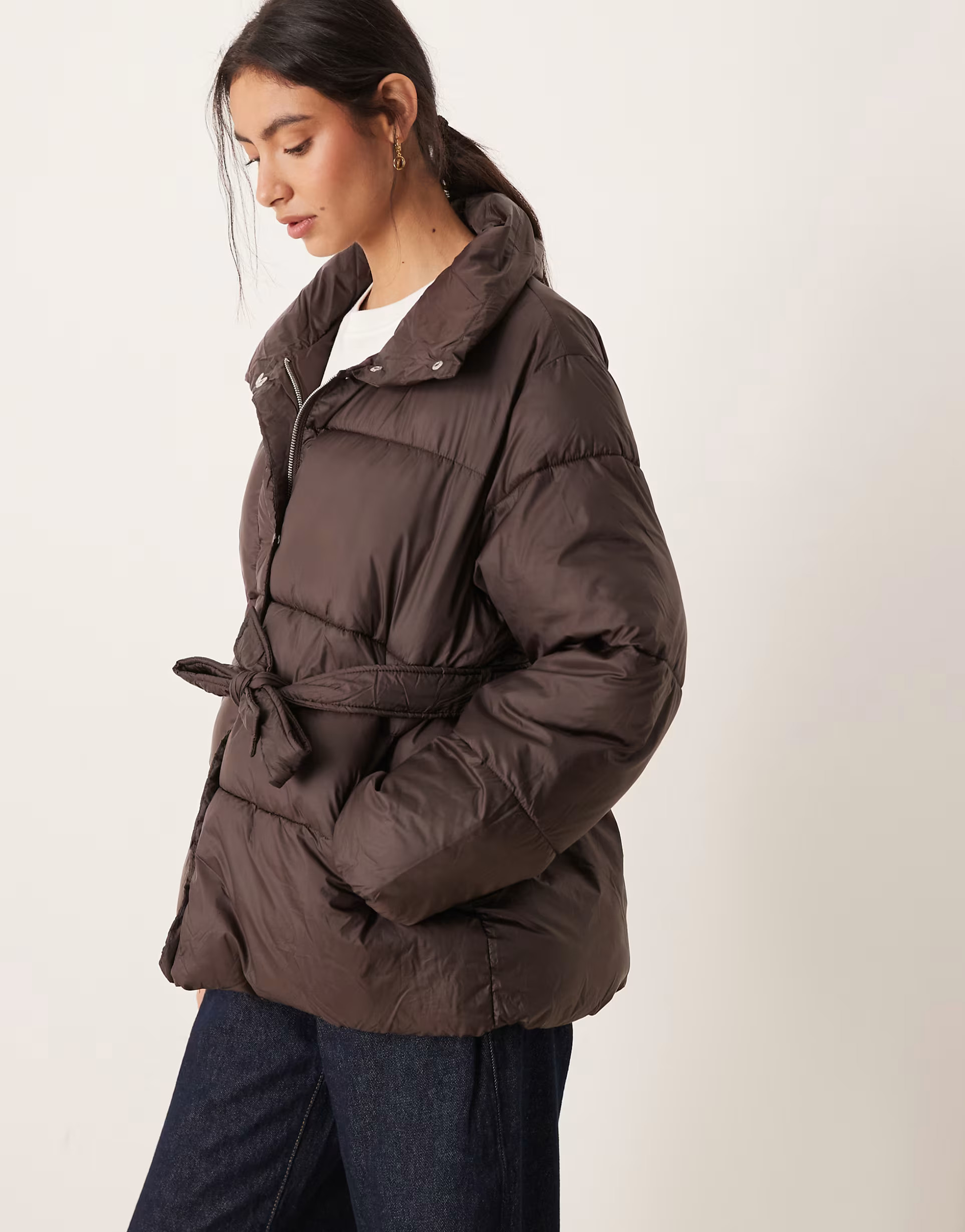 Gina Tricot belted puffer jacket in dark brown | ASOS (Global)
