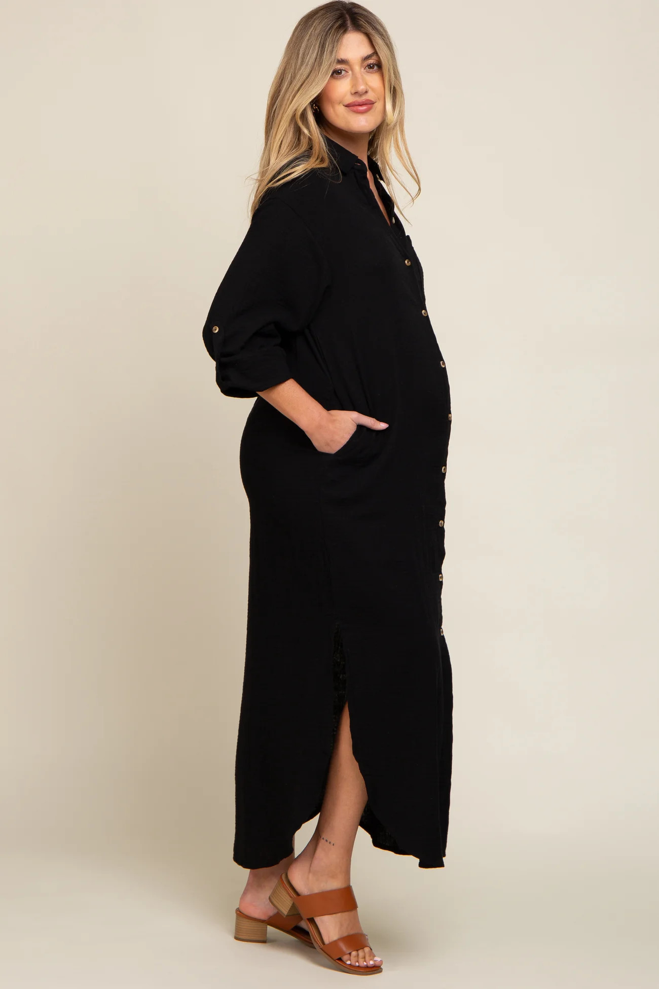 Black Button Down 3/4 Sleeve Maternity Midi Dress | PinkBlush Maternity