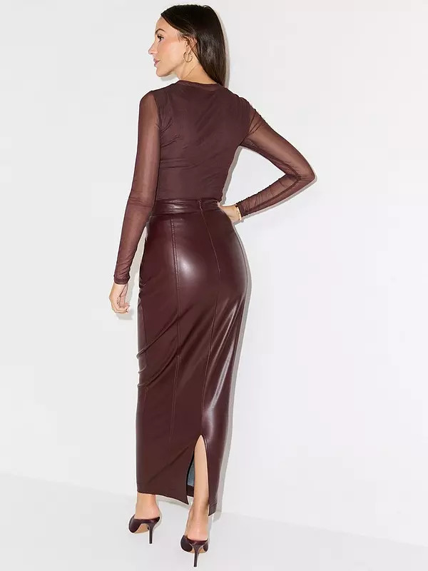 Michelle Keegan PU Split Back Midaxi Skirt - Burgundy | Very (UK)