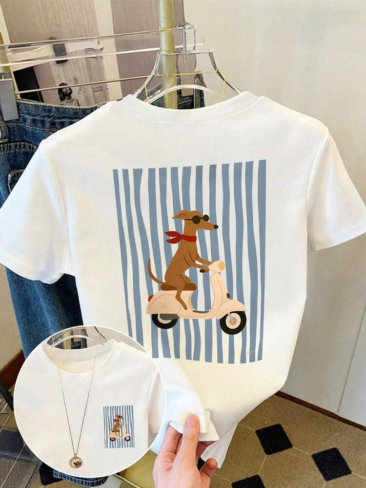 Resyla Women's Summer White Casual Short Sleeve T-Shirt,City Break Graphic Top With Striped Puppy... | SHEIN