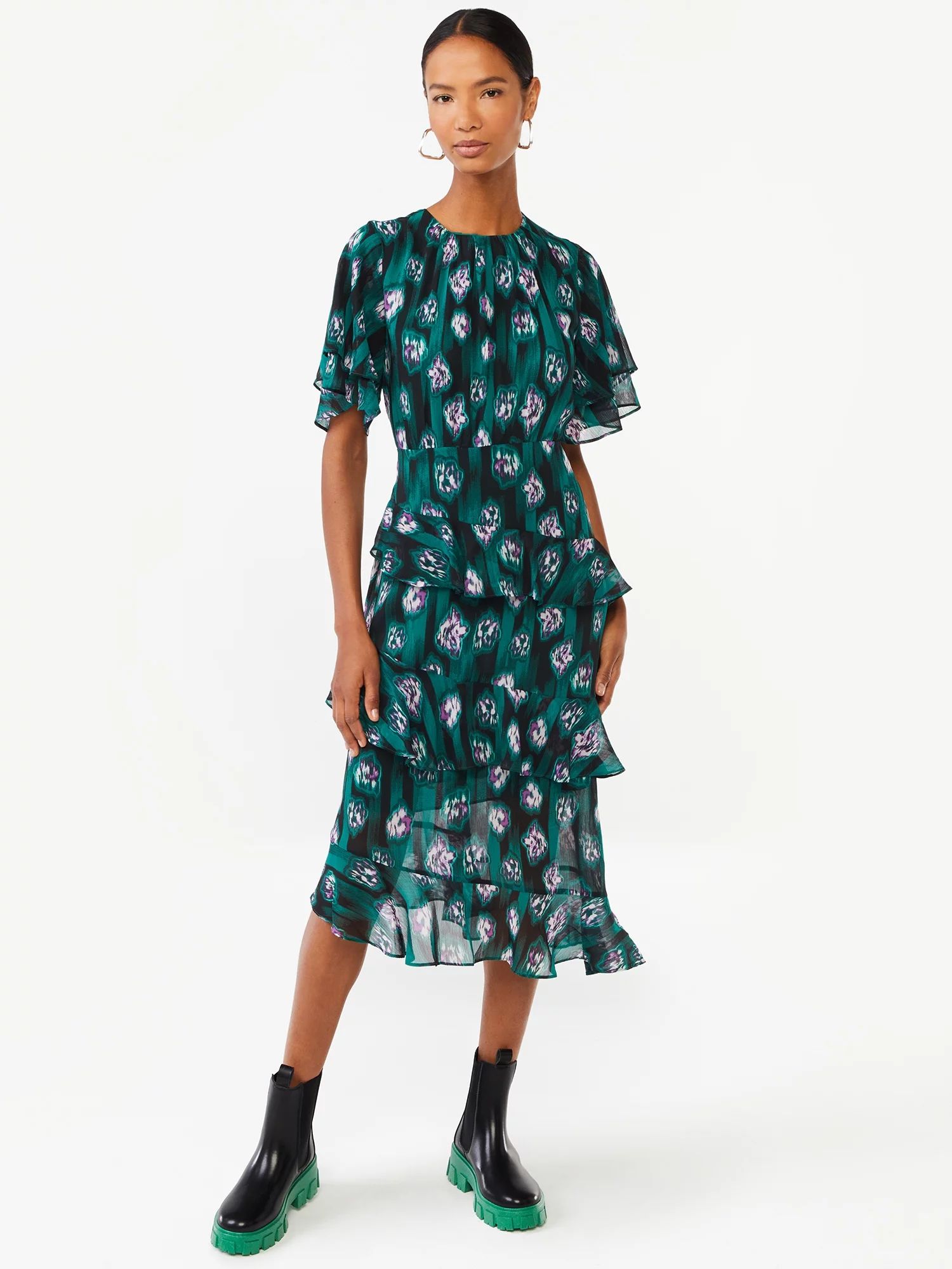 Scoop Women's Tiered Ruffle Dress with Flutter Sleeves - Walmart.com | Walmart (US)