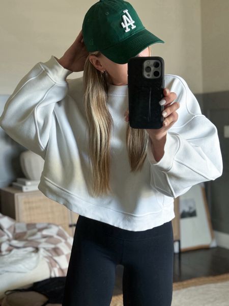 Weekend Casual Outfit — exact sweatshirt is sold out tagging same style but the striped version. 

Spring Outfit — Athleisure - LA Hat - Green Hat - Cute Hat 
