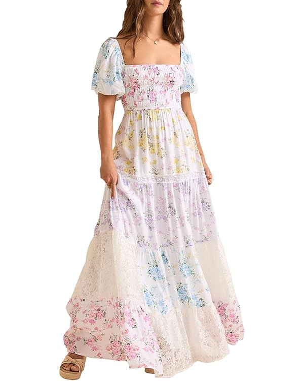 Women Patchwork Dress Y2k Floral Patchwork Maxi Dress Puffy Short Sleeve Square Neck Smocked Tier... | Amazon (US)
