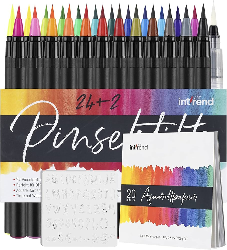 int!rend Brush Pen Set with 51 Pieces - 24 Watercolour Pencils, 2 Water Pens, 20 Sheets, 5 Stenci... | Amazon (DE)