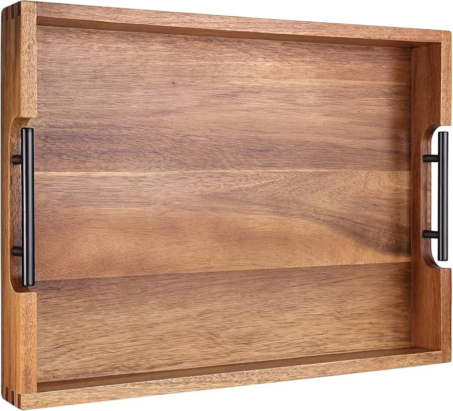 Joy&Grace Ottoman Tray for Living Room 16.7 x 12.8 inch Large Acacia Wooden Serving Tray with Han... | Amazon (US)