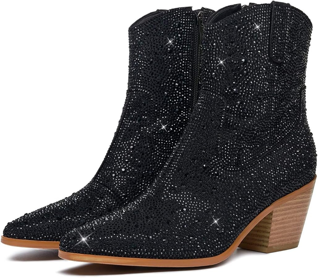 GOSERCE Rhinestone Cowboy Boots Sparkly Ankle Cowgirl Booties for Women Pointed Toe Side Zipper W... | Amazon (US)